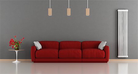 simsearch:400-08797073,k - Red and gray modern living room with sofa,coffee table and radiator on wall - 3d rendering Photographie de stock - Aubaine LD & Abonnement, Code: 400-08863704