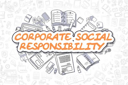 simsearch:400-07819447,k - Corporate Social Responsibility - Sketch Business Illustration. Orange Hand Drawn Inscription Corporate Social Responsibility Surrounded by Stationery. Doodle Design Elements. Stock Photo - Budget Royalty-Free & Subscription, Code: 400-08887683