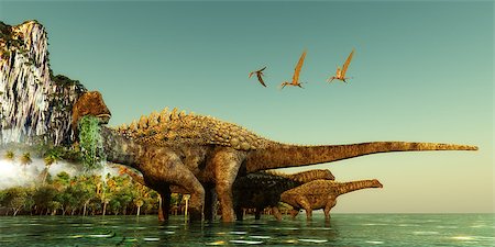 simsearch:400-08332007,k - Ampelosaurus dinosaurs wade out into the water to eat underwater vegetation in the Cretaceous Period. Foto de stock - Super Valor sin royalties y Suscripción, Código: 400-08888777