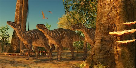 simsearch:400-08332007,k - Iguanodon dinosaurs make their way among the trees of a Cretaceous forest as Zhejiangopterus reptiles fly over. Foto de stock - Super Valor sin royalties y Suscripción, Código: 400-08888788