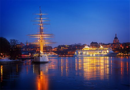 stockholm night cityscape - night skyline of the Skeppsholmen and Sodermalm in Stockholm, Sweden, retro toned Stock Photo - Budget Royalty-Free & Subscription, Code: 400-08888879