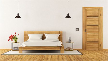 simsearch:400-07796866,k - Modern Bedroom with wooden bed,nightstand and closed door - 3d rendering Stock Photo - Budget Royalty-Free & Subscription, Code: 400-08888985