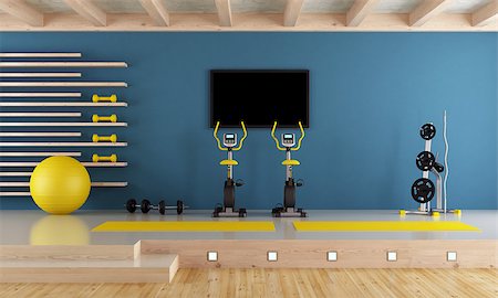 Blue room with spinning bike, pilates ball and hand weight - 3d rendering Stockbilder - Microstock & Abonnement, Bildnummer: 400-08888986