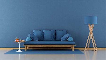 simsearch:400-07797413,k - Blue modern living room with wooden sofa with cushion - 3d rendering Foto de stock - Royalty-Free Super Valor e Assinatura, Número: 400-08888987