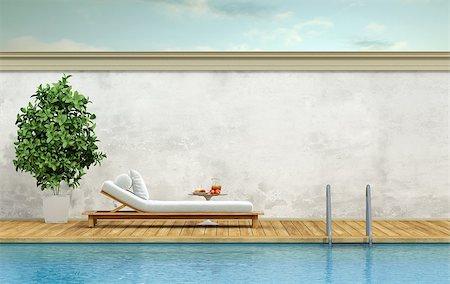 Minimalist swimming pool with white chaise pool lounge - 3d rendering Stockbilder - Microstock & Abonnement, Bildnummer: 400-08888989