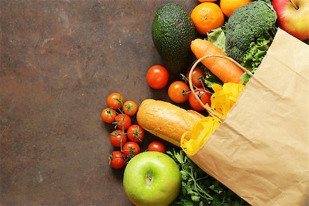 Grocery food shopping bag - vegetables, fruits, bread and pasta Stock Photo - Budget Royalty-Free & Subscription, Code: 400-08889252