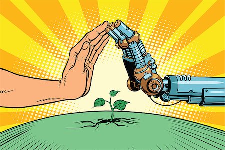 future protections to earth - Humans and robots protect nature. Ecology green sprout. Pop art retro vector vintage illustration. Earth day and eco policy Stock Photo - Budget Royalty-Free & Subscription, Code: 400-08889447