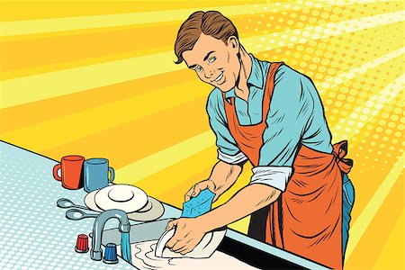 restaurant washing dishes - Vintage worker washes dishes. pop art retro vector illustration. Homework and cleaning service Stock Photo - Budget Royalty-Free & Subscription, Code: 400-08889538