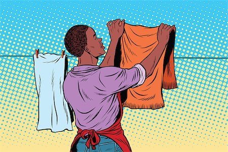 Vintage employee hangs up to dry clothes. pop art retro vector illustration. Homework and cleaning service. African American people Stock Photo - Budget Royalty-Free & Subscription, Code: 400-08889541