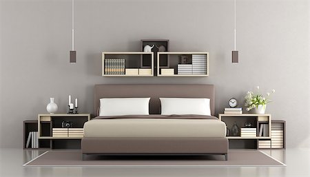 simsearch:400-07796866,k - Contemporary bedroom with double bed,nightstand and bookcase on wall - 3d rendering Stock Photo - Budget Royalty-Free & Subscription, Code: 400-08889727