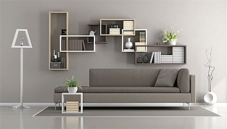 simsearch:400-08797073,k - Contemporary living room with sofa and bookcase on wall - 3d rendering Stock Photo - Budget Royalty-Free & Subscription, Code: 400-08889731