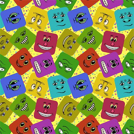simsearch:400-05946517,k - Seamless Background with Smileys, Monsters, Funny Cartoon Characters, Different Faces in Colorful Squares, Tile Pattern for Your Design. Vector Foto de stock - Royalty-Free Super Valor e Assinatura, Número: 400-08889766