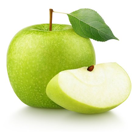 simsearch:400-08967896,k - Whole ripe green apple with green leaf and apple slice isolated on white background with clipping path Photographie de stock - Aubaine LD & Abonnement, Code: 400-08899443