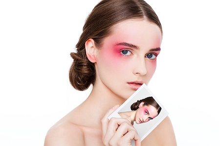 rettich - Beauty makeup pink eyes and lips fashion model holding polaroid photo with  on white background Stock Photo - Budget Royalty-Free & Subscription, Code: 400-08890120