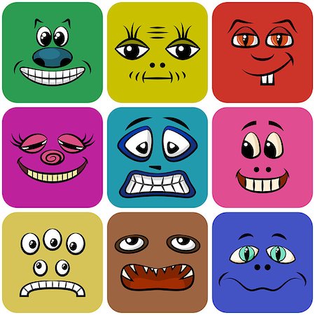 simsearch:400-05744065,k - Set of Smileys, Monsters, Funny Cartoon Characters, Different Faces in Colorful Squares, Elements for Your Design, Prints and Banners, Isolated on White Background. Vector. Stock Photo - Budget Royalty-Free & Subscription, Code: 400-08890246