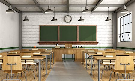 reloj de sol - Retro classroom without student with wooden furniture - 3d rendering Photographie de stock - Aubaine LD & Abonnement, Code: 400-08890368