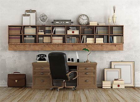 Retro home workspace with wooden desk and bookcase on wall - 3d rendering Stock Photo - Budget Royalty-Free & Subscription, Code: 400-08890375