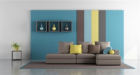 Minimalist living room with colorful wall and modern sofa - 3d rendering Stock Photo - Budget Royalty-Free & Subscription, Code: 400-08890371