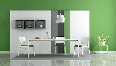 dining room with green chairs - Modern dining room with green wall and white table - 3d rendering Stock Photo - Budget Royalty-Free & Subscription, Code: 400-08890960