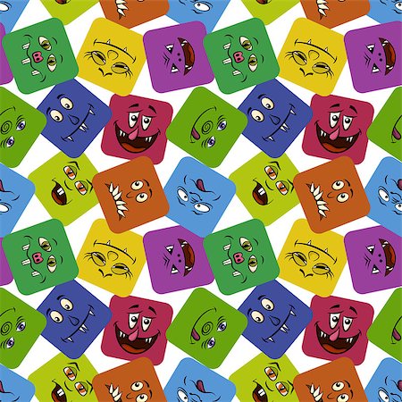 simsearch:400-08752377,k - Seamless Background with Smileys, Monsters, Funny Cartoon Characters, Different Faces in Colorful Squares, Tile Pattern for Your Design. Vector Stockbilder - Microstock & Abonnement, Bildnummer: 400-08891377