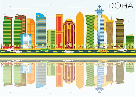 skyline doha - Doha Skyline with Color Buildings, Blue Sky and Reflections. Vector Illustration. Business Travel and Tourism Concept. Image for Presentation Banner Placard and Web Site. Stock Photo - Budget Royalty-Free & Subscription, Code: 400-08891450