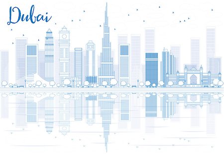 dubai building illustration - Outline Dubai skyline with blue buildings and reflections. Vector illustration. Business travel and tourism concept with place for text. Image for presentation, banner, placard and web site. Stock Photo - Budget Royalty-Free & Subscription, Code: 400-08891451