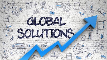 simsearch:400-07102453,k - Global Solutions - Modern Style Illustration with Hand Drawn Elements. Global Solutions - Improvement Concept. Inscription on White Brickwall with Hand Drawn Icons Around. Stock Photo - Budget Royalty-Free & Subscription, Code: 400-08891477