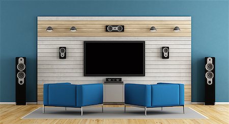 simsearch:400-06396170,k - Blue living room with home cinema system and two armchair- 3d rendering Photographie de stock - Aubaine LD & Abonnement, Code: 400-08891625