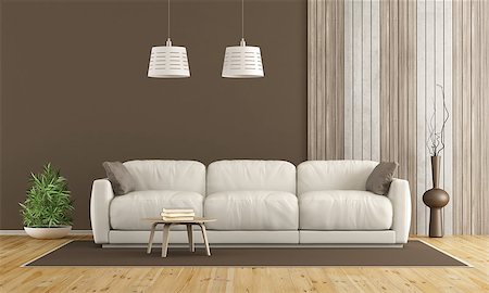 simsearch:400-08797073,k - White sofa in modern living room with concrete and wooden paneling - 3d rendering Photographie de stock - Aubaine LD & Abonnement, Code: 400-08891628