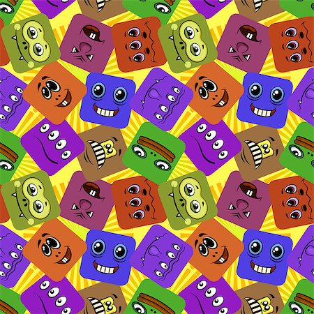 simsearch:400-05946517,k - Seamless Background with Smileys, Monsters, Funny Cartoon Characters, Different Faces in Colorful Squares, Tile Pattern for Your Design. Vector Foto de stock - Royalty-Free Super Valor e Assinatura, Número: 400-08892684