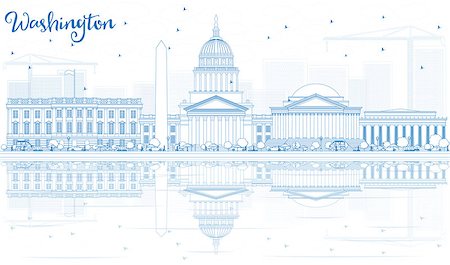 simsearch:400-08349413,k - Outline Washington DC Skyline with Blue Buildings and Reflections. Vector Illustration. Business Travel and Tourism Concept with Historic Architecture. Image for Presentation Banner Placard and Web Site. Stockbilder - Microstock & Abonnement, Bildnummer: 400-08892988