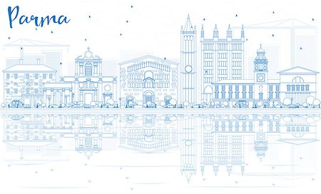 simsearch:400-08681071,k - Outline Parma Skyline with Blue Buildings and Reflections. Vector Illustration. Business Travel and Tourism Concept with Historic Architecture. Image for Presentation Banner Placard and Web Site. Stock Photo - Budget Royalty-Free & Subscription, Code: 400-08892999