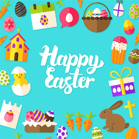 pollo a la cazadora - Happy Easter Lettering Postcard. Vector Illustration of Flat Style Spring Greeting Concept. Foto de stock - Super Valor sin royalties y Suscripción, Código: 400-08893061