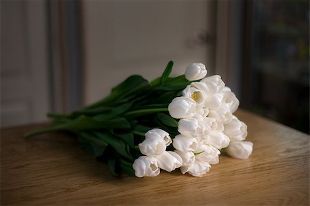 shyrix (artist) - The bouquet of flowers of tulips lies on tree table. Preparation for picking a bouquet. Lateral light. Stockbilder - Microstock & Abonnement, Bildnummer: 400-08893123