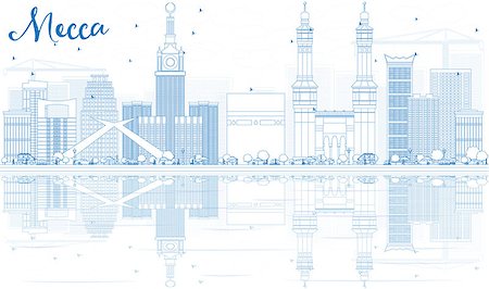 simsearch:400-08806547,k - Outline Mecca Skyline with Blue Landmarks and Reflections. Vector Illustration. Travel and Tourism Concept with Historic Buildings. Image for Presentation Banner Placard and Web Site. Stock Photo - Budget Royalty-Free & Subscription, Code: 400-08893358