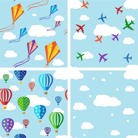 Set of seamless pattern. Vector background with colorful jets, air balloons and kites on the blue sky. Stock Photo - Budget Royalty-Free & Subscription, Code: 400-08893376