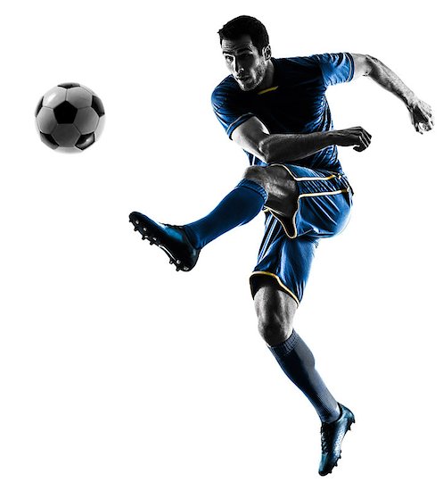 one caucasian soccer player man playing kicking in silhouette isolated on white background Stock Photo - Royalty-Free, Artist: ostill, Image code: 400-08900021