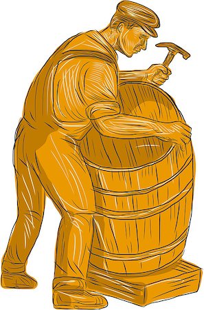 simsearch:400-08917792,k - Drawing sketch style illustration of a cooper with hammer making a wooden barrel, cask or bucket viewed from the side set on isolated white background. Photographie de stock - Aubaine LD & Abonnement, Code: 400-08916316