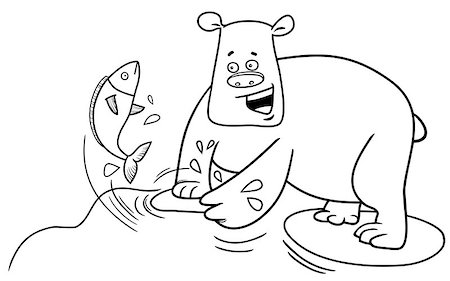 simsearch:400-08917115,k - Black and White Cartoon Illustration of Bear Catching Fish in the River Coloring Page Stock Photo - Budget Royalty-Free & Subscription, Code: 400-08916352