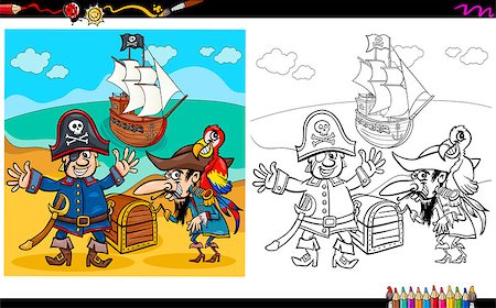 Cartoon Illustration of Pirates on Treasure Island Coloring Book Activity Stock Photo - Budget Royalty-Free & Subscription, Code: 400-08916361