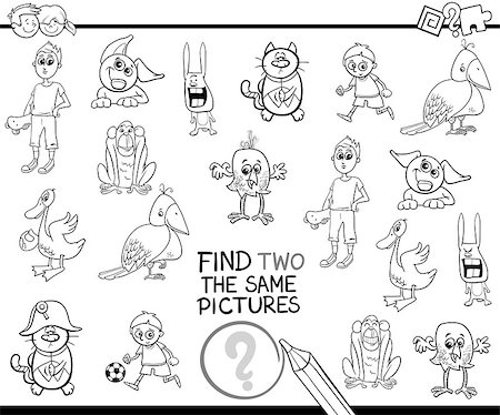 simsearch:400-08917554,k - Black and White Cartoon Illustration of Find Two Identical Pictures Educational Activity for Children Coloring Page Stockbilder - Microstock & Abonnement, Bildnummer: 400-08916379