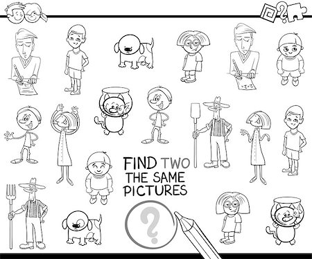 simsearch:400-08917554,k - Black and White Cartoon Illustration of Find Identical Pair of Images Educational Activity for Children Coloring Page Photographie de stock - Aubaine LD & Abonnement, Code: 400-08916381