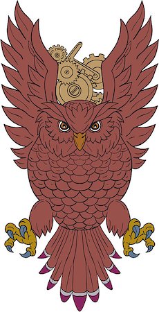 simsearch:400-08864013,k - Drawing sketch style illustration of an owl facing front swooping with wings spread  out with clock gears in the background. Stock Photo - Budget Royalty-Free & Subscription, Code: 400-08916596