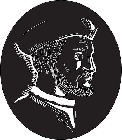 Illustration showing Jacques Cartier, French explorer of Breton origin who claimed what is now Canada for France viewed from the side set inside oval shape on isolated background done in retro woodcut style. Fotografie stock - Microstock e Abbonamento, Codice: 400-08916648