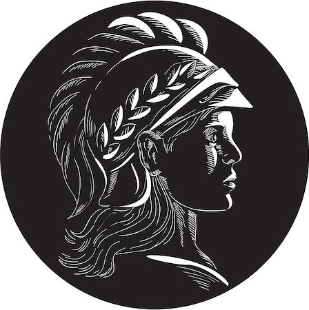 Illustration of Minerva or Menrva, the Roman goddess of wisdom and sponsor of arts, trade, and strategy wearing helmet and laurel crown viewed from side set inside oval shape done in retro woodcut style. Foto de stock - Super Valor sin royalties y Suscripción, Código: 400-08916649