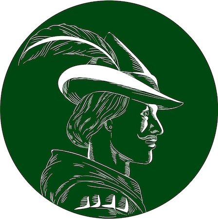 robin hood - Illustration of a Robin Hood wearing medieval hat with a pointed brim and feather viewed from side set inside circle done in retro woodcut style. Stock Photo - Budget Royalty-Free & Subscription, Code: 400-08916652