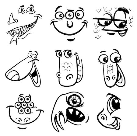 simsearch:400-07034082,k - Black and White Cartoon Illustration of Monster Fictional Characters Faces Set Coloring Page Fotografie stock - Microstock e Abbonamento, Codice: 400-08916727