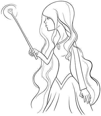 simsearch:400-08917115,k - Black and White Cartoon Illustration of Witch Woman Fantasy Character Coloring Page Stock Photo - Budget Royalty-Free & Subscription, Code: 400-08916745
