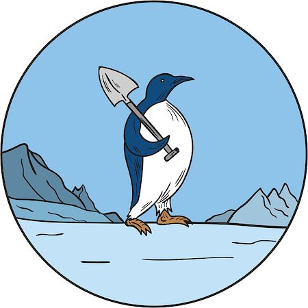 simsearch:400-08920013,k - Mono line style illustration of an emperor penguin,Aptenodytes forsteri, a penguin species endemic to Antarctica carrying a shovel and walking on ice with snow mountains in background set inside circle. Foto de stock - Royalty-Free Super Valor e Assinatura, Número: 400-08916766