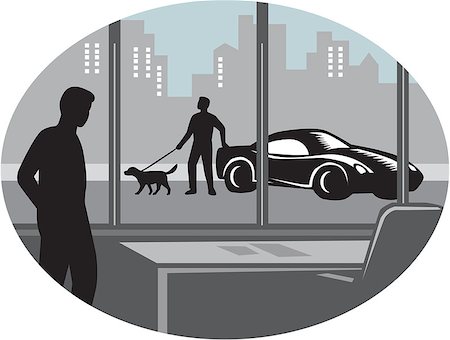 Illustratin of a man from inside an office looking through a window and seeing a person standing next to an exotic car with a well-groomed dog on a leash set inside oval shape with buildings in the background done in retro woodcut style. Stock Photo - Budget Royalty-Free & Subscription, Code: 400-08916768